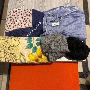 Bundle of 5 Scarves – Coach, Calvin Klein & 100% Silk – Mixed Prints & Solids